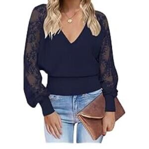 ZESICA Blue VNeck Sheer Lace Bishop Sleeve Ribbed Sweater Med Coquette Whimsical